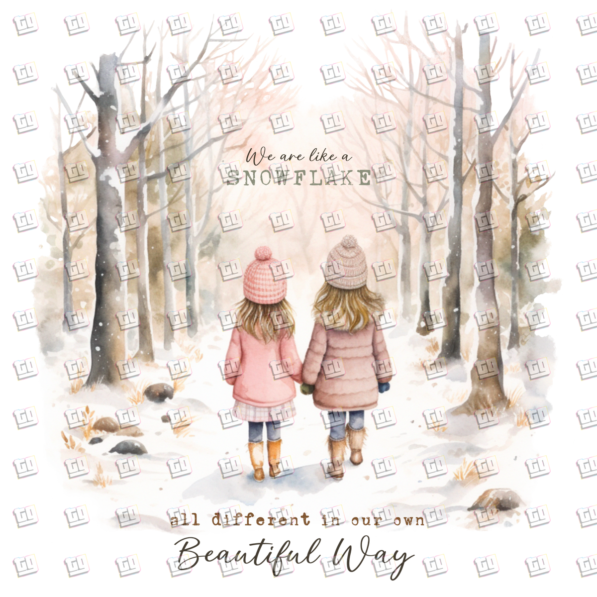 Winter Woodland Two Girls Walking (Snowflake)- Holidays - DTF Transfer