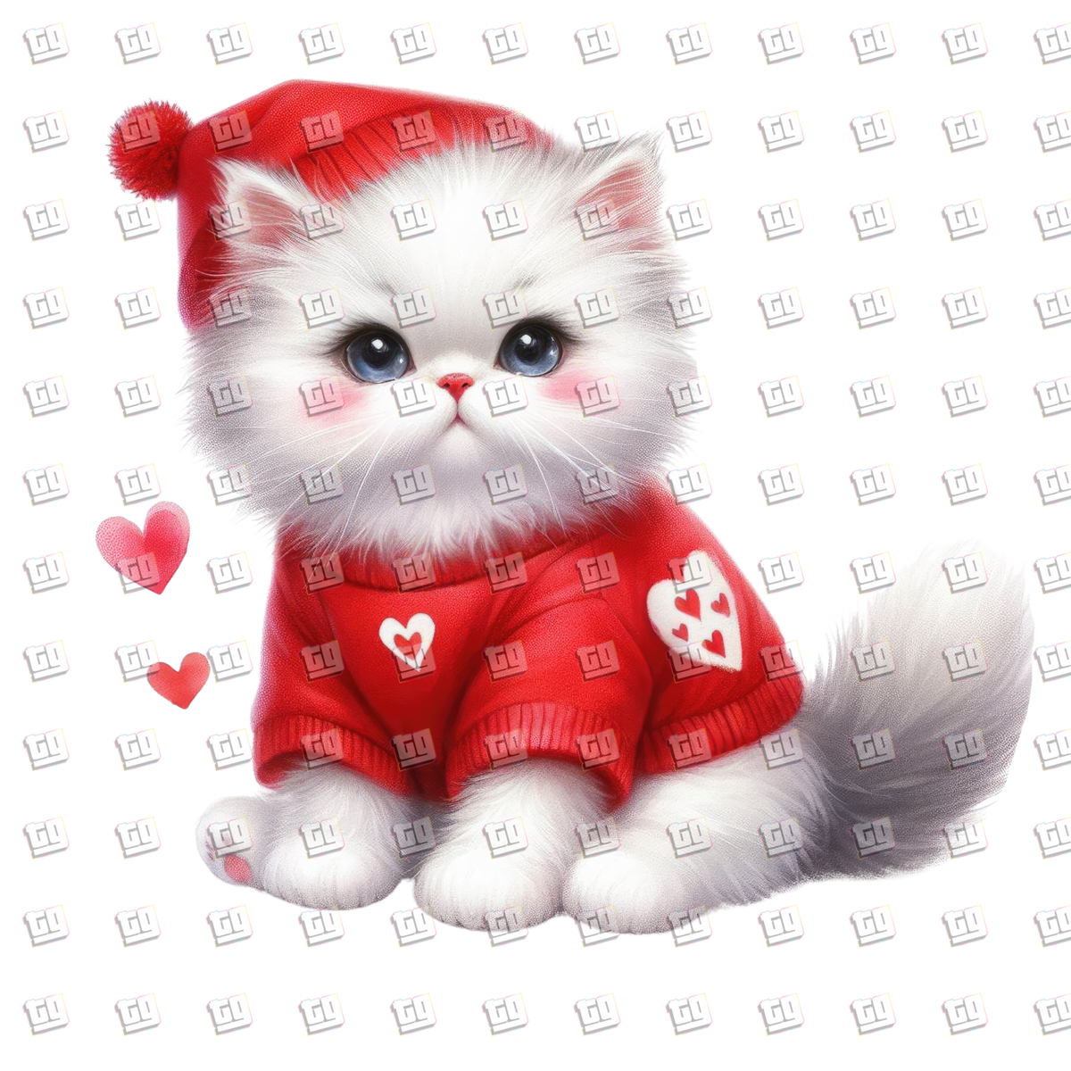 White Kitten With Red Hat and Sweater- Valentines - DTF Transfer