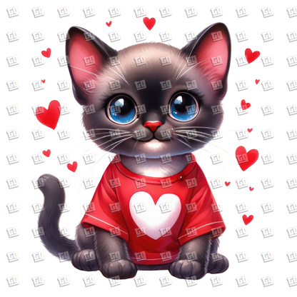 Kitten with Red Heart Shirts and Floating Hearts - Valentines - DTF Transfer