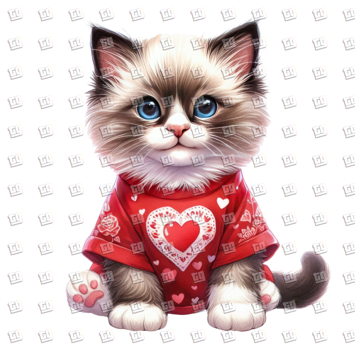Long Haired Kitten With Red Heart Shirt` - Valentines - DTF Transfer